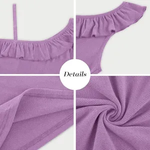 Purple one-shoulder ribbed tank top with ruffle trim, stylish summer slim-fit women top.