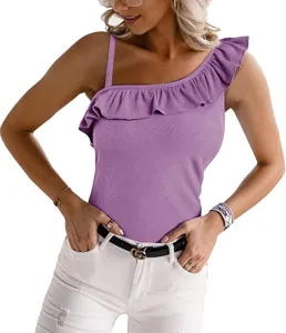 Detailed view of the summer one-shoulder sleeveless ruffle slim women top in purple.