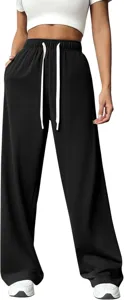 Women high waist casual wide leg sweatpants with white drawstring loose streetwear trousers