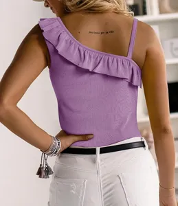 One-shoulder ruffles slim knit top for women summer casual sleeveless purple pullover shirt