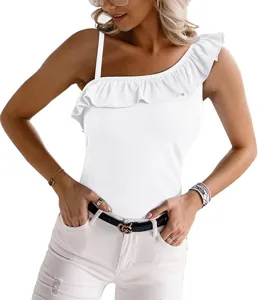 Women summer white one-shoulder ruffled slim fit ribbed tank top for daily casual wear