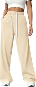 Casual high-waisted wide-leg trousers detail, loose drawstring waist, comfortable summer fit.