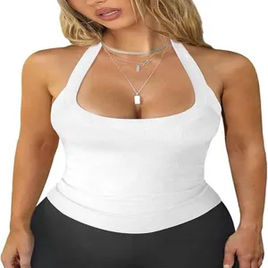 Estate sexy vestibilità slim scollo all'americana smanicato top in maglia a costine donna