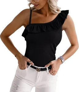 Women's summer one-shoulder ribbed tank top with elegant ruffle detail, slim fit black top.