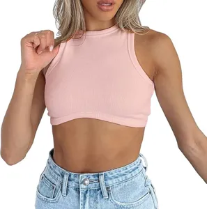 Close-up detail of the pink ribbed knit sleeveless crop top, featuring a classic round neckline.