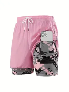 Detail view of pink women's sports shorts with digital camo pocket and white drawstring.