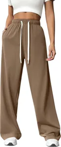 Detailed view of women high waist loose casual sweatpants with adjustable white drawstring.