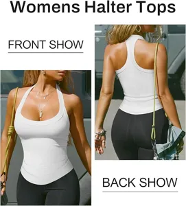 Donna sexy vestibilità slim halter top lavorato a maglia senza maniche scollato estate