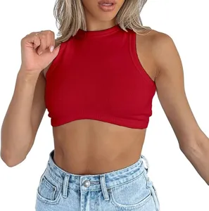 Red ribbed knit crop tank top for women, casual sleeveless crew neck summer basic apparel.