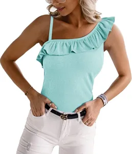 Women one shoulder ribbed tank top summer casual slim fit mint green ruffle sleeveless shirt