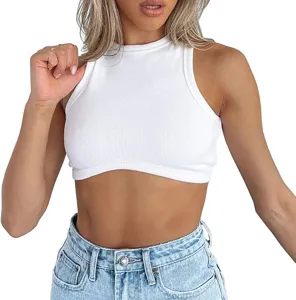 Summer women's white ribbed knit crop top basic casual sleeveless crew neck slim tank top.