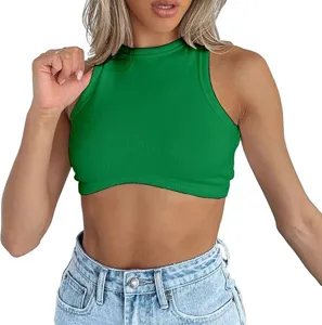 Ribbed knit fabric detail of the green crop top, showing texture and sleeveless cutout design.