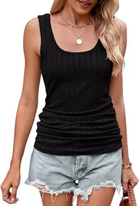 Detail view of women's ribbed knit tank top, casual summer sleeveless slim fit top.