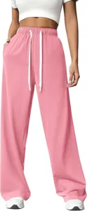 Pink high-waisted casual pants detail showing soft fabric, elastic waistband and white drawstring.