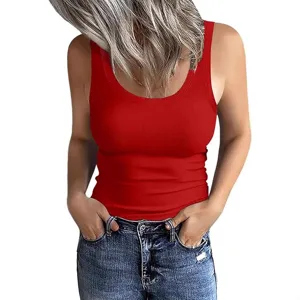 Women's red ribbed basic tank top, sleeveless slim fit casual knit shirt for daily wear.