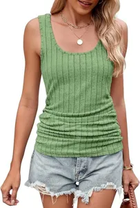 Women green ribbed knit tank top detail view, summer casual slim sleeveless apparel piece.