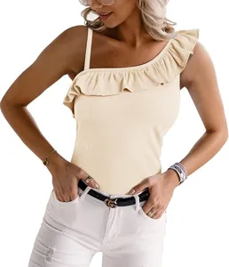 Women Summer One Shoulder Ruffle Ribbed Knit Tank Top Casual Slim Fit Sleeveless Shirt