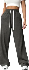 Close-up detail of the high-waist grey loose wide-leg sweatpants with white drawstring.