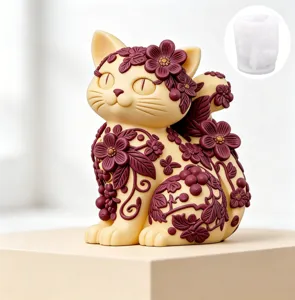 Vista detallada del molde de silicona de gato con relieve floral exquisito para manualidades.