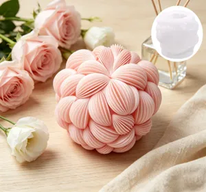 Detail view of 3d floral sphere silicone mold with finished pink candle resin decor piece.