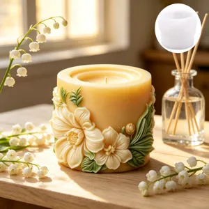 Detailed view of the floral leaf relief cylinder silicone mold for making scented candles and resin crafts.