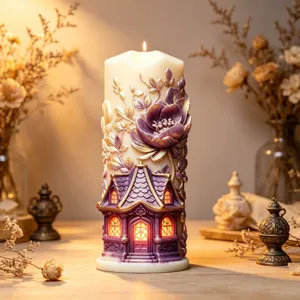 Magnifique bougie parfumée en relief 3D avec maison de conte de fées et fleurs pour votre déco.
