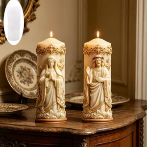 3D religious pillar candle and mold set with embossed Jesus and Mary for home decor.