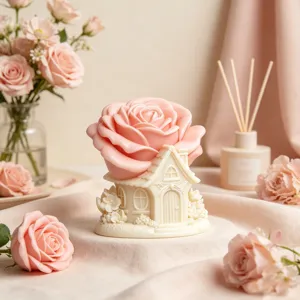 Detailed view of the creative 3D rose cottage silicone mold and scented candle decor.