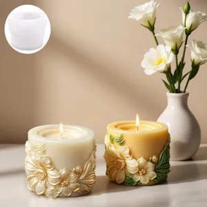 Floral embossed scented candle silicone mold and finished candles for home decor detailing.
