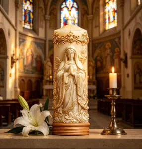 Religious Virgin Mary 3D relief pillar candle, exquisite church home decor gift detail.
