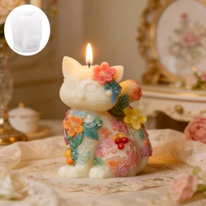 Vela perfumada de gato con relieve floral y molde de silicona, decoración vintage con detalles.
