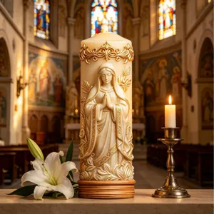 Exquisite Virgin Mary relief pillar candle detail view, elegant religious home decor ornament.
