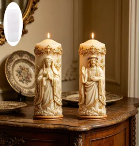 Detailed view of holy figure relief pillar candle silicone mold for creative DIY home decor.