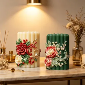 Embossed pillar candle with detailed rose flowers and leaves for home decor and aromatherapy.