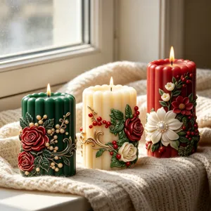 Exquisite embossed floral pillar scented candles with detailed roses and cozy holiday decor.