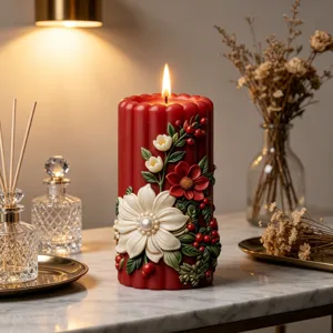 Exquisite red pillar scented candle with floral leaf relief for home decor and cozy ambiance.