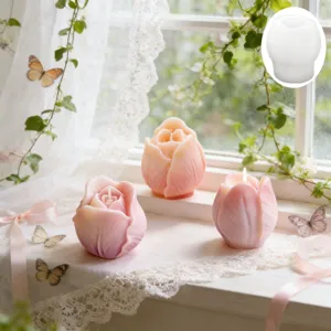 Gedetailleerd overzicht van tulp siliconen mal en decoratieve geurkaarsen thuis.
