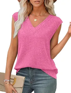 Zomer casual vrouwen roze geribbeld mouwloos V-hals tanktop detailweergave, comfortabel knit.