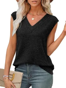 Zomer casual effen kleur V-hals mouwloze geribbelde gebreide tanktop voor vrouwen, chique stijl.