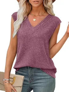 Vrouw Zomer Casual V-Hals Effen Kleur Mouwloos Gebreid Rib Tanktop Mode Trui Top Basic