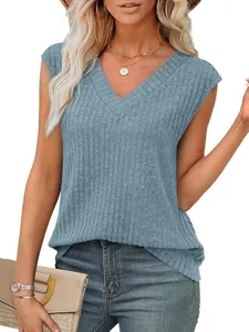 Dames Zomer Casual V-hals Mouwloos Geribbeld Gebreid Tanktop Effen Kleur Mode Top