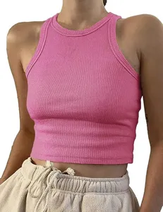 Estate colore solido vestibilità slim senza maniche lavorato a maglia crop canotta donna moda