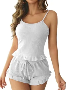 Detailed view of the women solid ribbed camisole and cute ruffles shorts pajama set.
