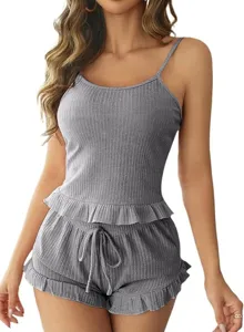 Ribbed camisole and shorts pajama set featuring cute ruffle hem and comfortable fit.