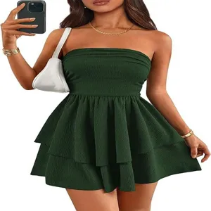 Close-up detail of the elegant dark green strapless tiered ruffle summer dress, perfect fit.
