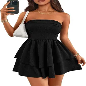 Detailed view of the black strapless tiered ruffle mini dress, elegant summer style look.