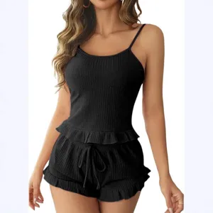 Women Sweet Fresh Ribbed Cami Top And Bottom Pajamas Set Ruffle Hem Sleeveless Solid Color Sleepwear Lounge Wear Summer