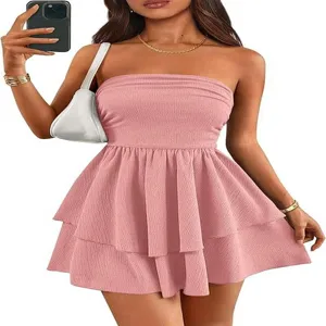 Stylish pink strapless sleeveless tiered ruffle mini dress for women summer casual wear.