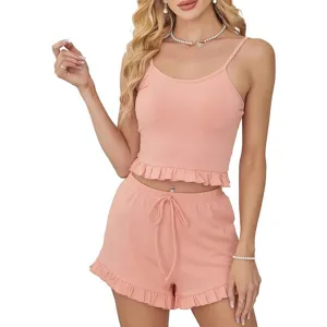 Women sweet ribbed camisole shorts pajama set two piece cute sleepwear loungewear solid