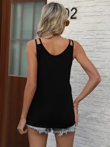 Detailed view of women's casual black sleeveless tank top showcasing the back design